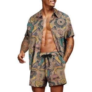 imageCOOFANDY Mens Hawaiian Matching Set Summer Beach 2 Piece Outfits Flower Button Down Shirts and Shorts Vacation OutfitsHand Painted Flowers