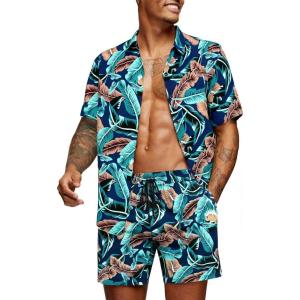 imageCOOFANDY Mens Hawaiian Matching Set Summer Beach 2 Piece Outfits Flower Button Down Shirts and Shorts Vacation OutfitsHawaiian Blue Dream