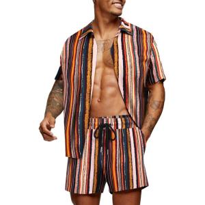 imageCOOFANDY Mens Hawaiian Matching Set Summer Beach 2 Piece Outfits Flower Button Down Shirts and Shorts Vacation OutfitsMulticolor Stripes