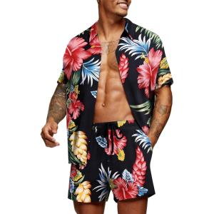 imageCOOFANDY Mens Hawaiian Matching Set Summer Beach 2 Piece Outfits Flower Button Down Shirts and Shorts Vacation OutfitsNavy  Red