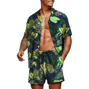 imageCOOFANDY Mens Hawaiian Matching Set Summer Beach 2 Piece Outfits Flower Button Down Shirts and Shorts Vacation OutfitsNavy Blue