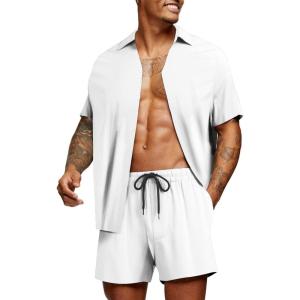 imageCOOFANDY Mens Hawaiian Matching Set Summer Beach 2 Piece Outfits Flower Button Down Shirts and Shorts Vacation OutfitsPure White