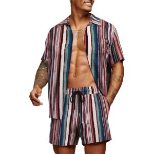 imageCOOFANDY Mens Hawaiian Matching Set Summer Beach 2 Piece Outfits Flower Button Down Shirts and Shorts Vacation OutfitsRetro Stripes