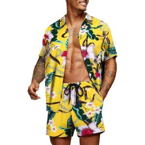 imageCOOFANDY Mens Hawaiian Matching Set Summer Beach 2 Piece Outfits Flower Button Down Shirts and Shorts Vacation OutfitsYellow  Flower