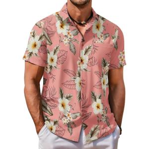 imageCOOFANDY Mens Hawaiian Shirt Short Sleeve Button Down Shirt Tropical Summer Beach ShirtFlowerpink