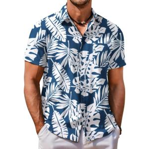 imageCOOFANDY Mens Hawaiian Shirt Short Sleeve Button Down Shirt Tropical Summer Beach ShirtLeafblue