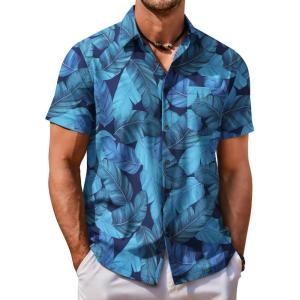 imageCOOFANDY Mens Hawaiian Shirt Short Sleeve Button Down Shirt Tropical Summer Beach ShirtLeafbright Blue