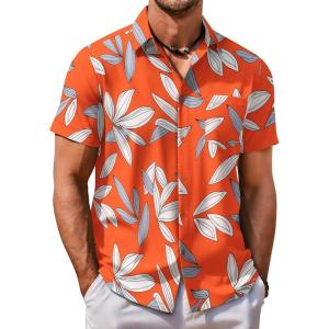 imageCOOFANDY Mens Hawaiian Shirt Short Sleeve Button Down Shirt Tropical Summer Beach ShirtLeaforange