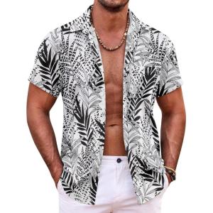 imageCOOFANDY Mens Hawaiian Shirt Short Sleeve Button Down Shirts Tropical Summer Beach Shirts Casual Floral Aloha ShirtsBlackwhite Leaves