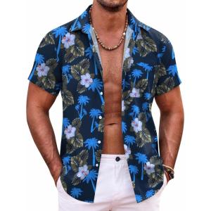 imageCOOFANDY Mens Hawaiian Shirt Short Sleeve Button Down Shirts Tropical Summer Beach Shirts Casual Floral Aloha ShirtsBlue Coconut Palm