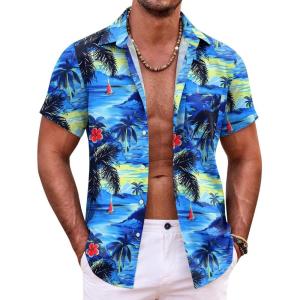 imageCOOFANDY Mens Hawaiian Shirt Short Sleeve Button Down Shirts Tropical Summer Beach Shirts Casual Floral Aloha ShirtsBlue Coconut Tree