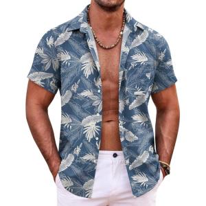 imageCOOFANDY Mens Hawaiian Shirt Short Sleeve Button Down Shirts Tropical Summer Beach Shirts Casual Floral Aloha ShirtsBlue Leaves