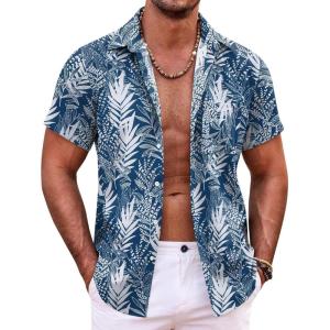 imageCOOFANDY Mens Hawaiian Shirt Short Sleeve Button Down Shirts Tropical Summer Beach Shirts Casual Floral Aloha ShirtsBluewhite Leaves