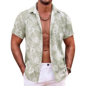 imageCOOFANDY Mens Hawaiian Shirt Short Sleeve Button Down Shirts Tropical Summer Beach Shirts Casual Floral Aloha ShirtsLight Green Leaves