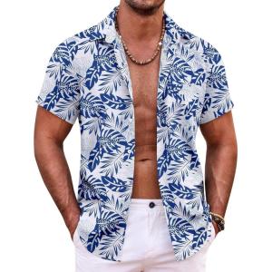 imageCOOFANDY Mens Hawaiian Shirt Short Sleeve Button Down Shirts Tropical Summer Beach Shirts Casual Floral Aloha ShirtsNavy Blue Leaves