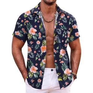 imageCOOFANDY Mens Hawaiian Shirt Short Sleeve Button Down Shirts Tropical Summer Beach Shirts Casual Floral Aloha ShirtsNavypink Flower