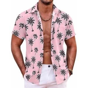 imageCOOFANDY Mens Hawaiian Shirt Short Sleeve Button Down Shirts Tropical Summer Beach Shirts Casual Floral Aloha ShirtsPink Black Coconut Palm