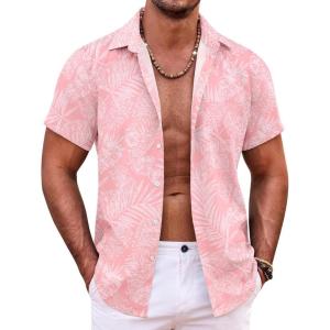 imageCOOFANDY Mens Hawaiian Shirt Short Sleeve Button Down Shirts Tropical Summer Beach Shirts Casual Floral Aloha ShirtsPink Leaves