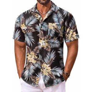 imageCOOFANDY Mens Hawaiian Shirt Short Sleeve Floral Button Down Shirts Tropical Vacation Beach Shirts with PocketBlack  Palm Leaf