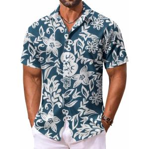 imageCOOFANDY Mens Hawaiian Shirt Short Sleeve Floral Button Down Shirts Tropical Vacation Beach Shirts with PocketDark Green  White Flower