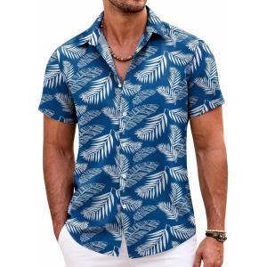imageCOOFANDY Mens Hawaiian Shirts Short Sleeve Casual Button Down Beach Vacation Summer ShirtBlue Leaf