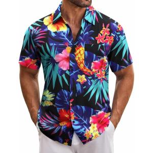 imageCOOFANDY Mens Hawaiian Tropical Shirt Short Sleeve Casual Button Down Floral Summer Beach Shirts with PocketBlack Leaf  Flower