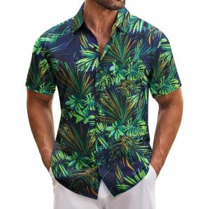 imageCOOFANDY Mens Hawaiian Tropical Shirt Short Sleeve Casual Button Down Floral Summer Beach Shirts with PocketGreen Leaves