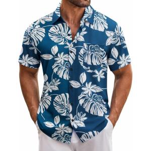 imageCOOFANDY Mens Hawaiian Tropical Shirt Short Sleeve Casual Button Down Floral Summer Beach Shirts with PocketNavy Leaves