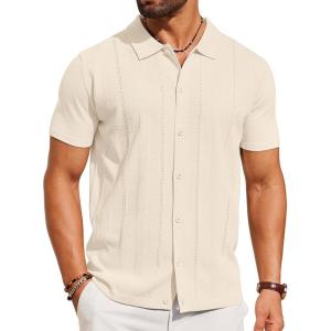 imageCOOFANDY Mens Knit Shirt Short Sleeve Button Down Shirts Casual Summer Beach Vintage Polo ShirtsBeige