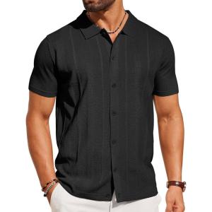 imageCOOFANDY Mens Knit Shirt Short Sleeve Button Down Shirts Casual Summer Beach Vintage Polo ShirtsBlack