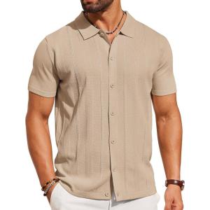 imageCOOFANDY Mens Knit Shirt Short Sleeve Button Down Shirts Casual Summer Beach Vintage Polo ShirtsKhaki