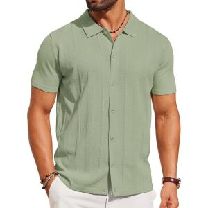 imageCOOFANDY Mens Knit Shirt Short Sleeve Button Down Shirts Casual Summer Beach Vintage Polo ShirtsLight Green