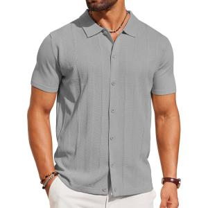 imageCOOFANDY Mens Knit Shirt Short Sleeve Button Down Shirts Casual Summer Beach Vintage Polo ShirtsLight Grey
