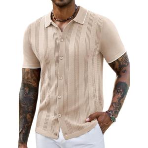 imageCOOFANDY Mens Knit Shirts Short Sleeve Casual Button Down Polo Shirt Summer Beach Vacation ShirtsBeige White