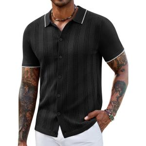 imageCOOFANDY Mens Knit Shirts Short Sleeve Casual Button Down Polo Shirt Summer Beach Vacation ShirtsBlack White