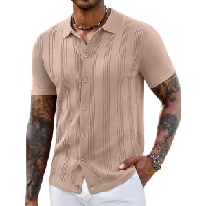 imageCOOFANDY Mens Knit Shirts Short Sleeve Casual Button Down Polo Shirt Summer Beach Vacation ShirtsKhaki