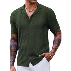 imageCOOFANDY Mens Knit Shirts Vintage Short Sleeve Button Down Shirt Casual Summer Beach ShirtArmy Green
