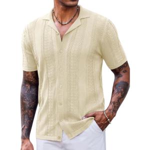 imageCOOFANDY Mens Knit Shirts Vintage Short Sleeve Button Down Shirt Casual Summer Beach ShirtBeige