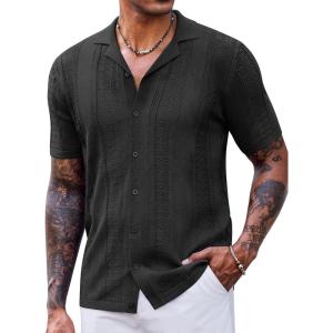 imageCOOFANDY Mens Knit Shirts Vintage Short Sleeve Button Down Shirt Casual Summer Beach ShirtBlack