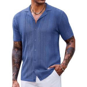 imageCOOFANDY Mens Knit Shirts Vintage Short Sleeve Button Down Shirt Casual Summer Beach ShirtBlue