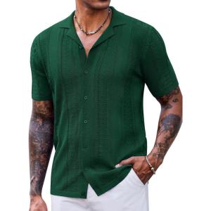 imageCOOFANDY Mens Knit Shirts Vintage Short Sleeve Button Down Shirt Casual Summer Beach ShirtGreen