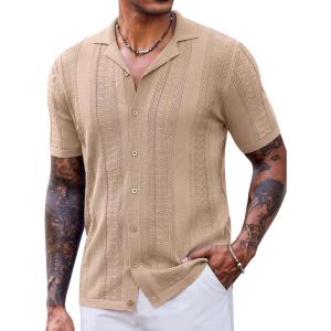 imageCOOFANDY Mens Knit Shirts Vintage Short Sleeve Button Down Shirt Casual Summer Beach ShirtKhaki