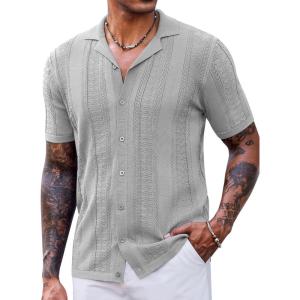 imageCOOFANDY Mens Knit Shirts Vintage Short Sleeve Button Down Shirt Casual Summer Beach ShirtLight Gray