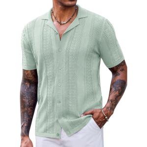 imageCOOFANDY Mens Knit Shirts Vintage Short Sleeve Button Down Shirt Casual Summer Beach ShirtLight Green
