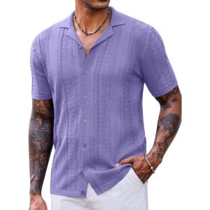 imageCOOFANDY Mens Knit Shirts Vintage Short Sleeve Button Down Shirt Casual Summer Beach ShirtLilac Purple