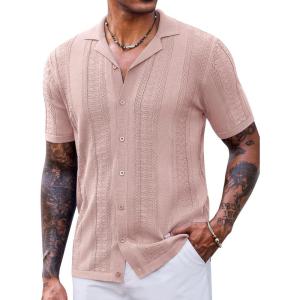 imageCOOFANDY Mens Knit Shirts Vintage Short Sleeve Button Down Shirt Casual Summer Beach ShirtPink