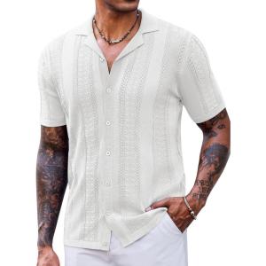 imageCOOFANDY Mens Knit Shirts Vintage Short Sleeve Button Down Shirt Casual Summer Beach ShirtWhite