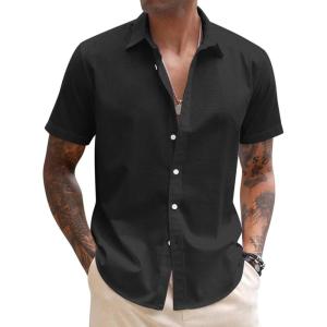 imageCOOFANDY Mens Linen Casual Short Sleeve Shirt Button Down Summer Beach ShirtsBlack