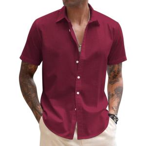 imageCOOFANDY Mens Linen Casual Short Sleeve Shirt Button Down Summer Beach ShirtsCrimson