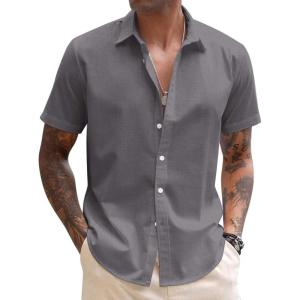 imageCOOFANDY Mens Linen Casual Short Sleeve Shirt Button Down Summer Beach ShirtsDark Grey